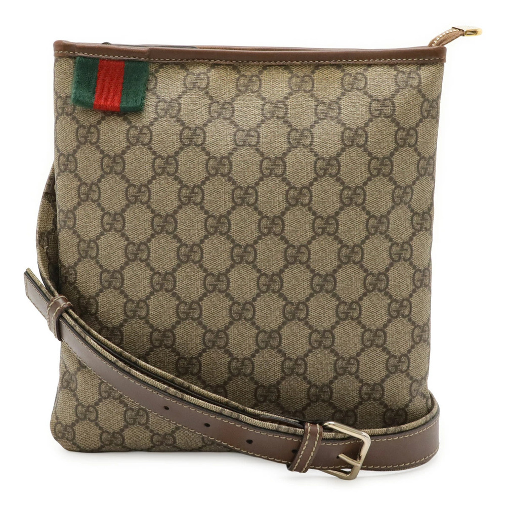 Gucci GG Supreme Crossbody Bag Gusset Leather Beige Cream Dark Brown